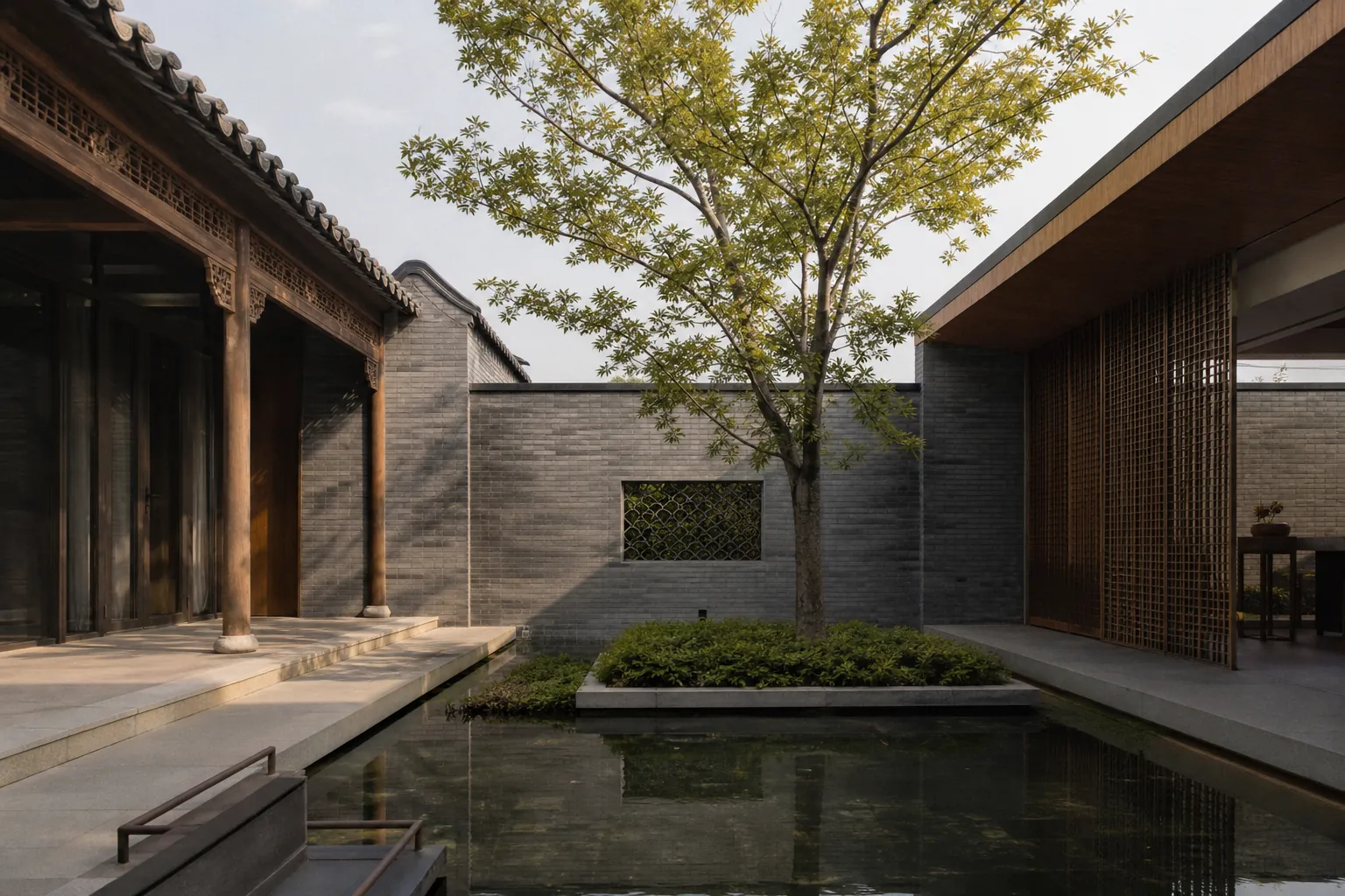 A quiet courtyard garden blending classical Chinese and contemporary architecture, soft afternoon light