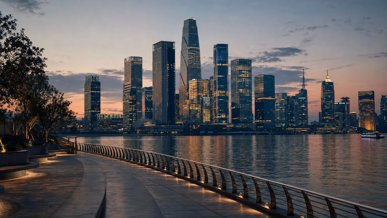The glowing towers of a modern Chinese business district skyline at blue-hour dusk