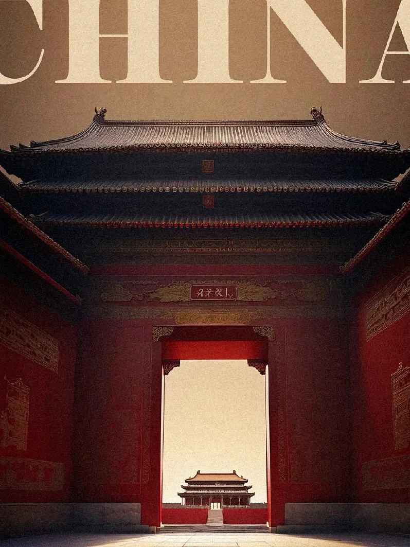 The red walls and golden roofs of an imperial gateway in the Forbidden City, Beijing