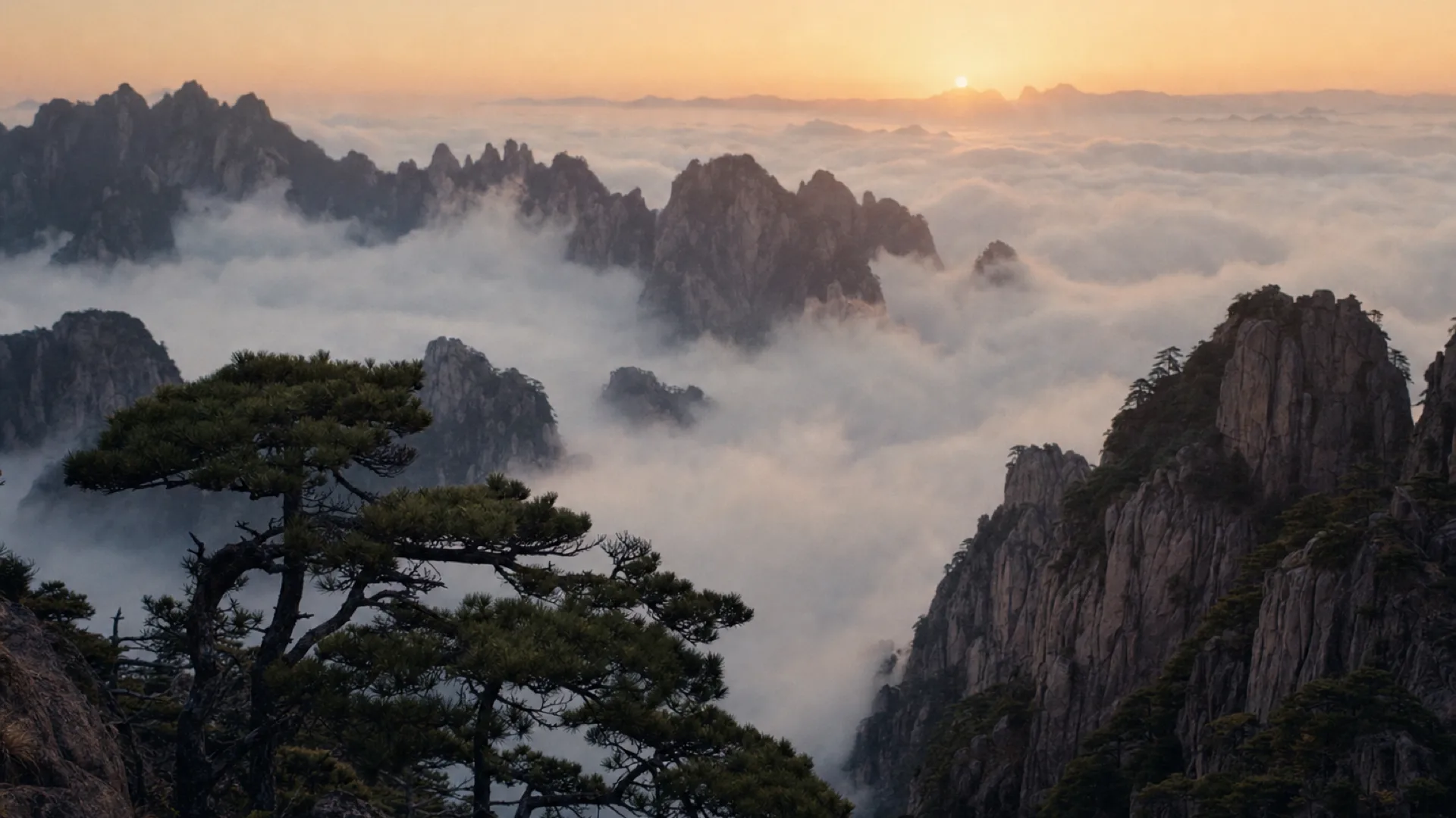 Sunrise over the granite peaks and ancient pines of Huangshan, a sea of cloud drifting between the summits