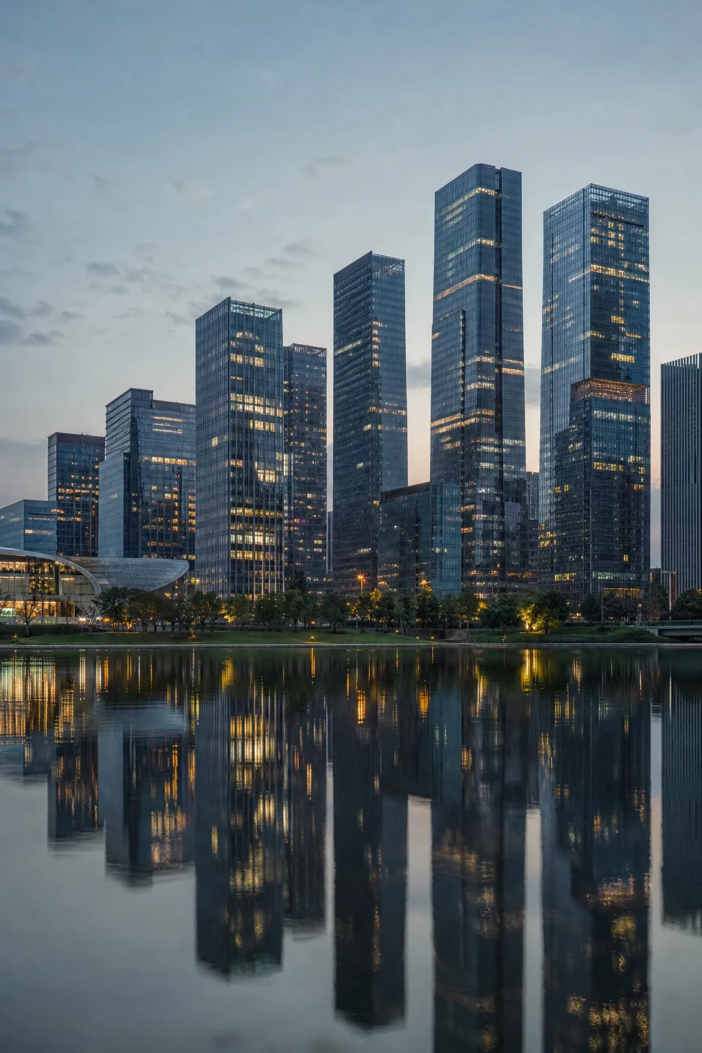 Evening skyline of a modern Chinese business district reflected in calm water