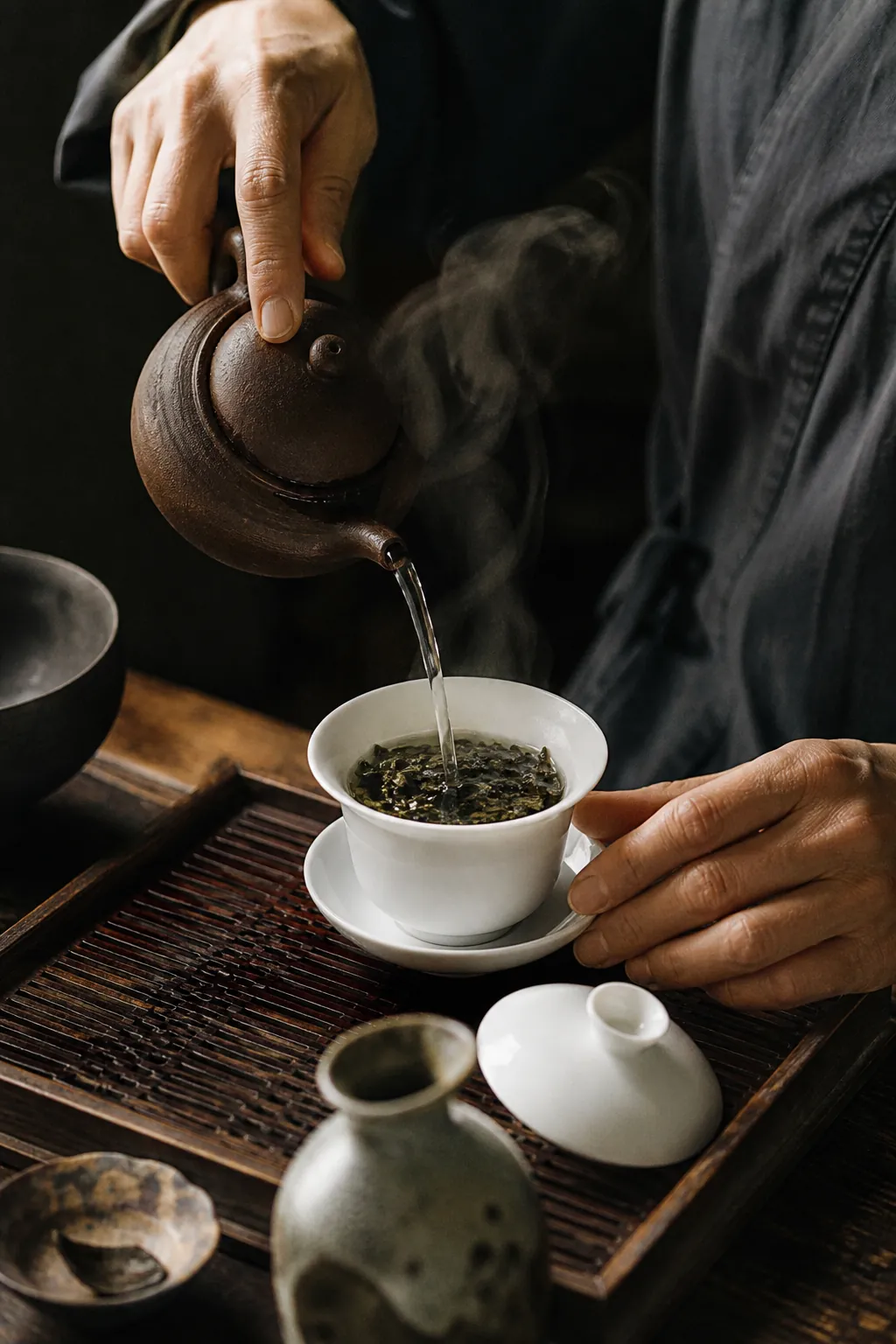 A tea master's hands pouring hot water over leaves, steam rising in soft light