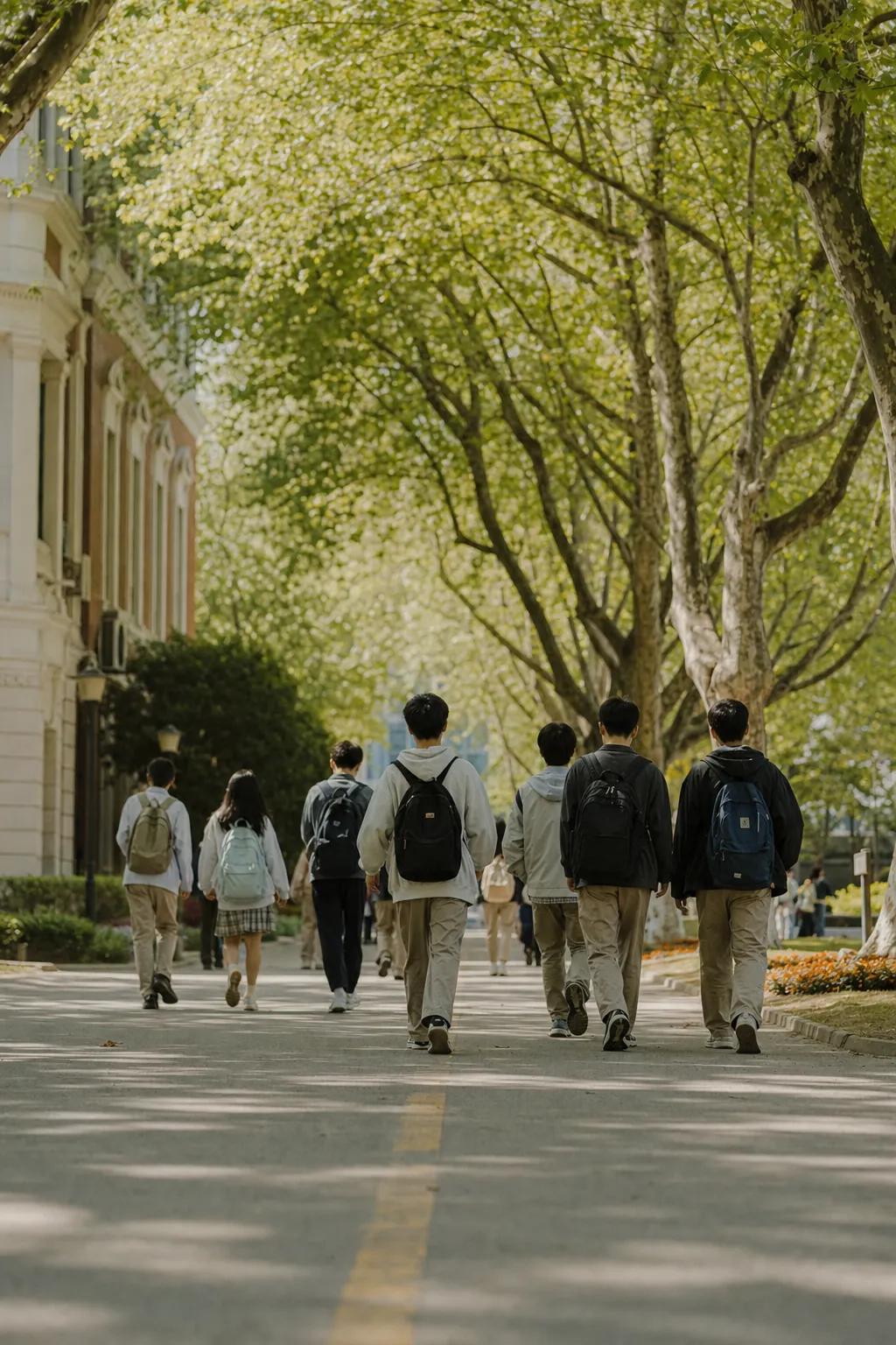 Students walking through a tree-lined campus avenue in China during an immersion programme