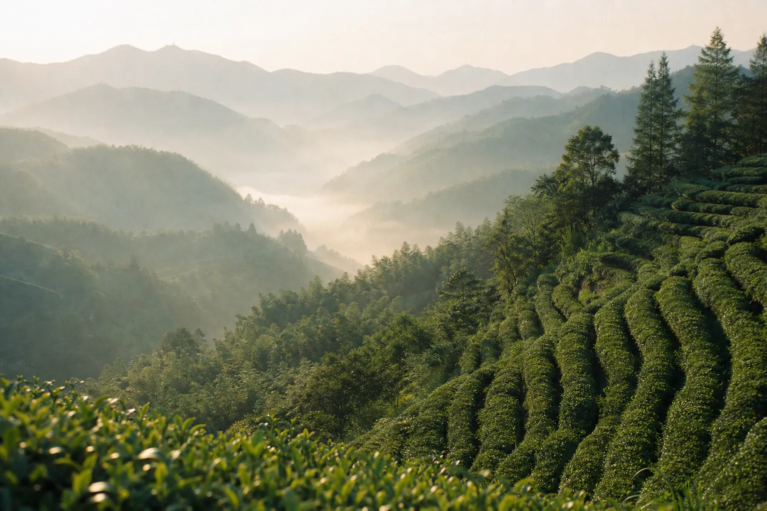 Terraced green tea fields rolling across misty hills in rural China at first light
