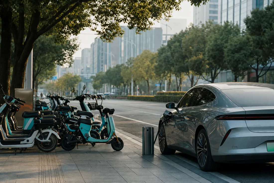 Electric scooters and a modern electric car charging on a clean tree-lined Chinese street