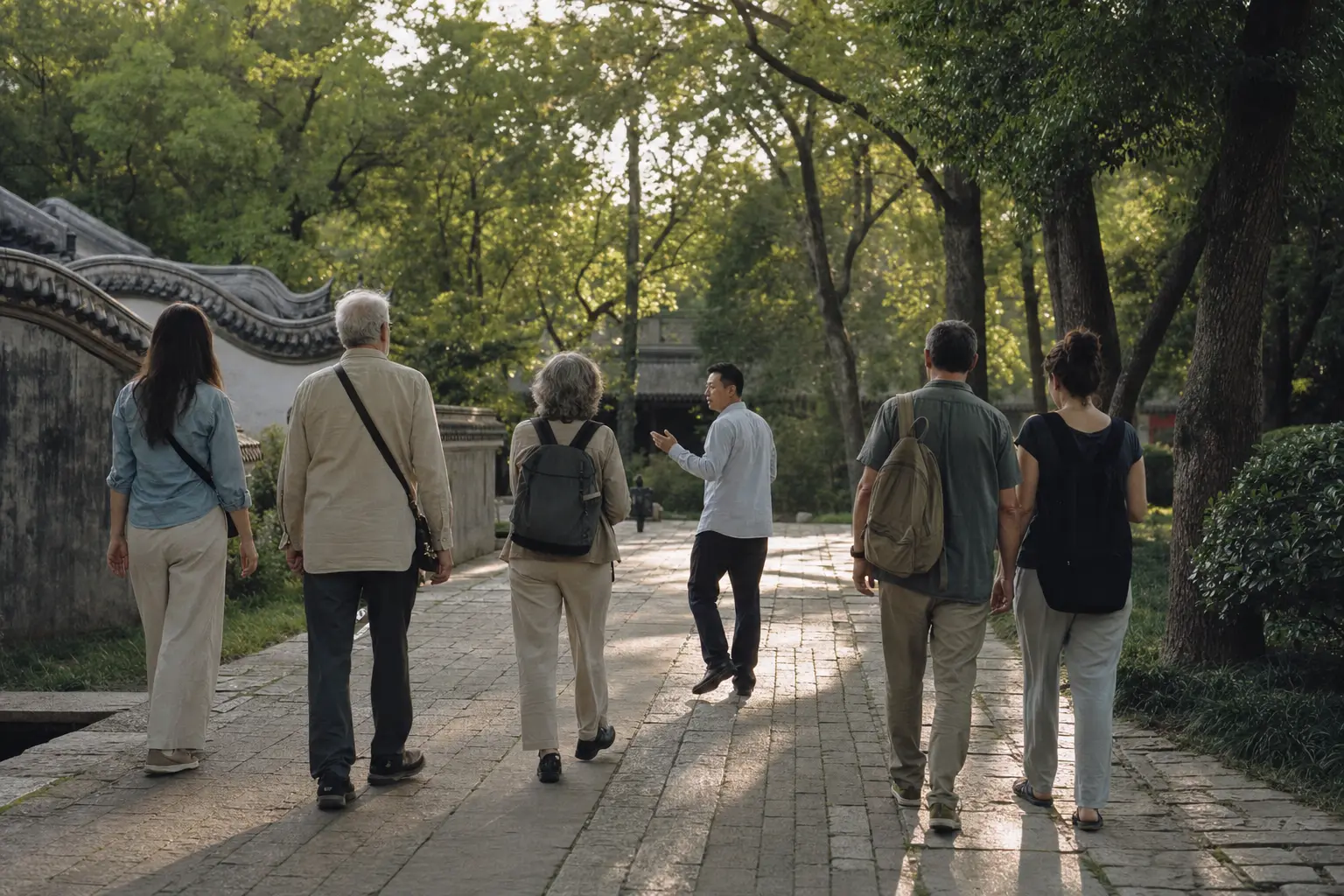 A calm group of travellers walking together along a clear path, a bilingual guide leading the way