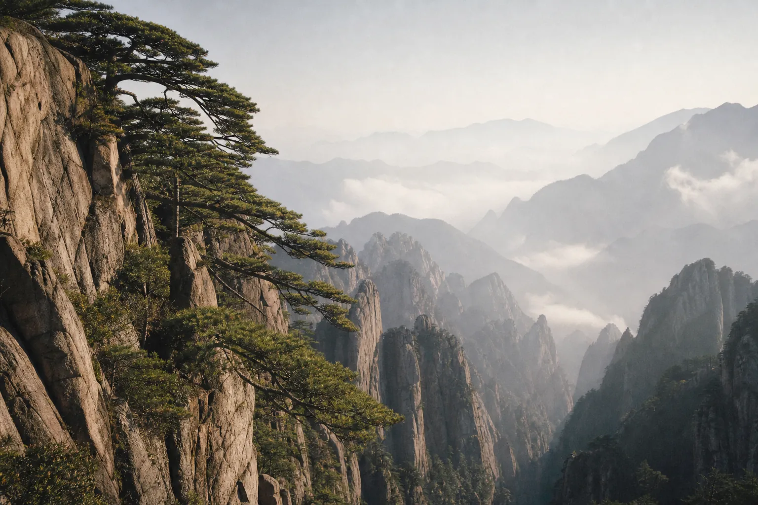 Pine trees clinging to a granite cliff on Huangshan, layered peaks fading into morning mist