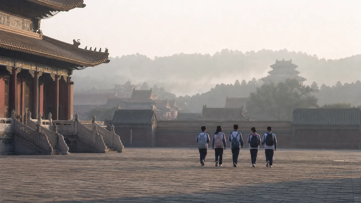 A small group of students walking through a grand historic Chinese courtyard in morning light