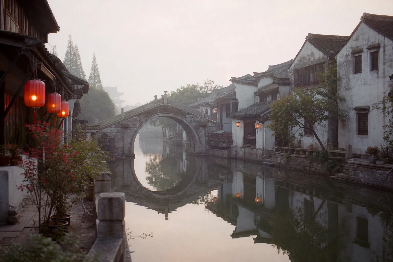 A misty Jiangnan water town at dawn, stone bridges and red lanterns reflected in the still canal